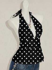 SHEIN ICON 女式复古波尔卡圆点图案露背深 V 领豹纹裹背衬衫，俱乐部服装女士性感、Y2K、垃圾摇滚、经典、老钱、俱乐部服装、派对、嘻哈、辣妹时尚、角色扮演 - 彩色 - 查看 6