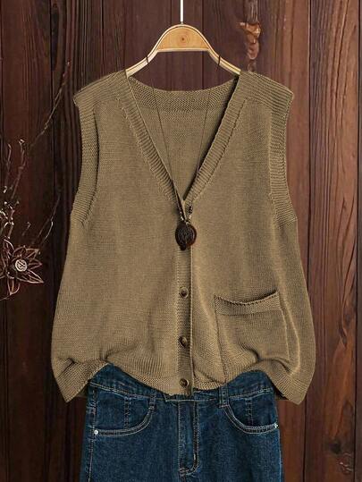 Linhara Plus Size Women Solid Color Knitted V-Neck Button Sleeveless Casual Pullover Vest, Spring/Autumn