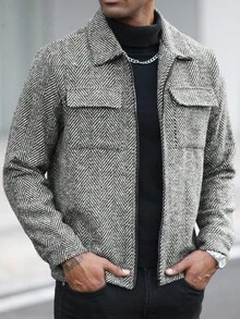 Manfinity Homme 男士人字纹拉链领长袖夹克，秋冬男士衬衫式外套 - 黑與白 - 查看 2