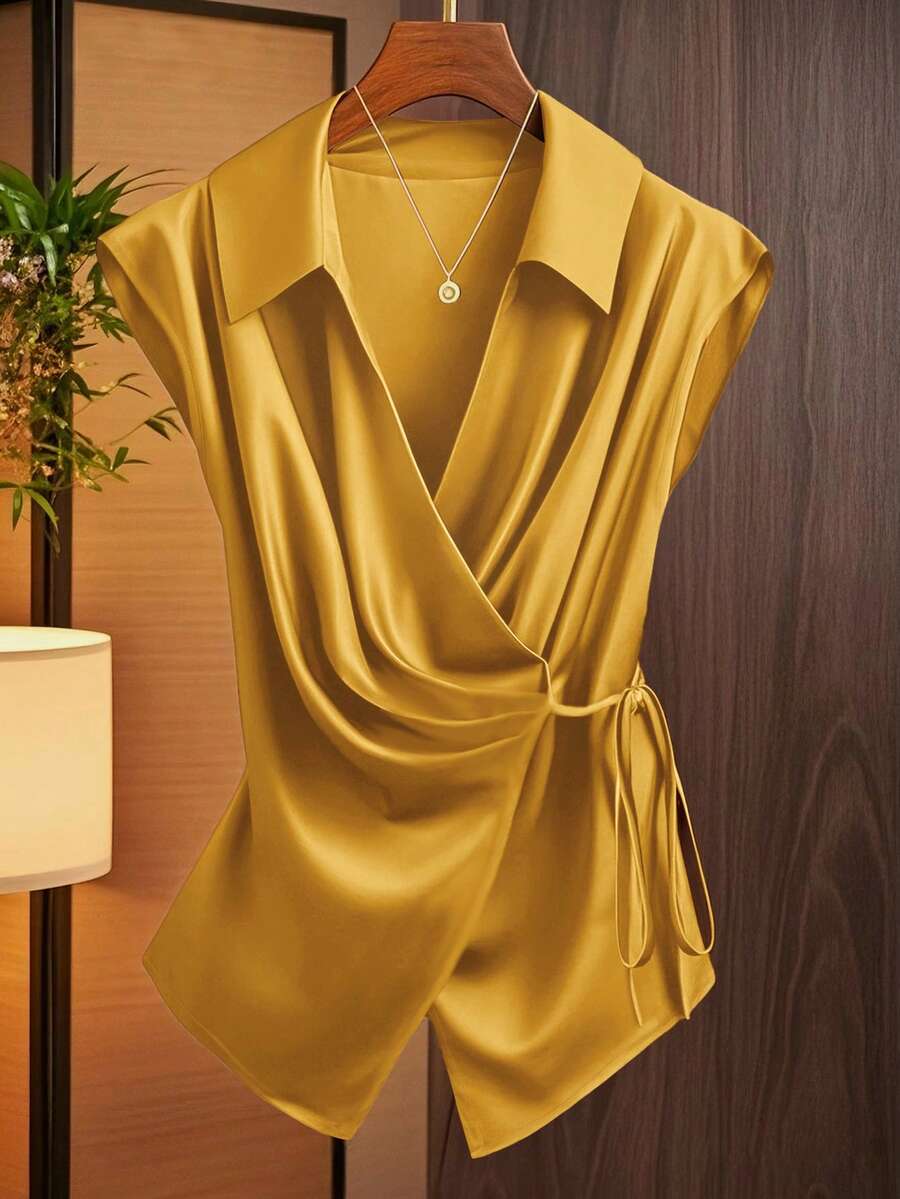 GlowEve Blusa sin mangas con cuello, pliegues y lazo delantero para mujer - Amarillo - Ver 1
