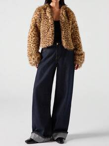 LYSMO 女式豹纹长袖宽松前开仿皮草时尚夹克 - 棕色 - 查看 5