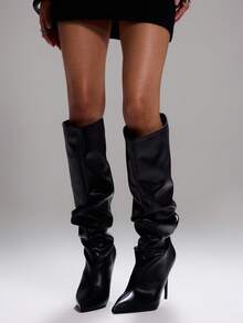 MUSERA Slouch Faux Leather Black Pointed Toe Heeled Knee-High Boots For