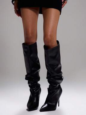 MUSERA Slouch Faux Leather Black Pointed Toe Heeled Knee-High Boots For Christmas