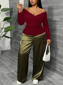 SHEIN SXY Fall Red Off-The-Shoulder Crossover Pleated Long Sleeve T-Shirt/Fall/Winter