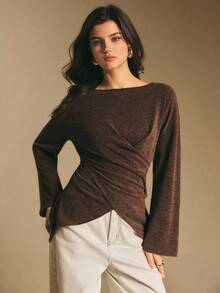 Poéselle 女士棕色T恤，裹身式上衣，后腰系带长袖宽松上衣，女士时尚通勤交叉裹身腰部T恤，休闲T恤，秋冬季 - 杏色 - 查看 2