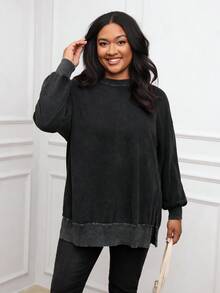 SHEIN PETITE CURVE Plus Size Solid Color Round Neck Casual Versatile Long Sleeve Sweatshirt Winter Clothes Women Rave Outfits Winter Clothes For Women Tops Hoodies Plus Size Sweatshirts Oversized Tops Full Length Tops Basic Tops