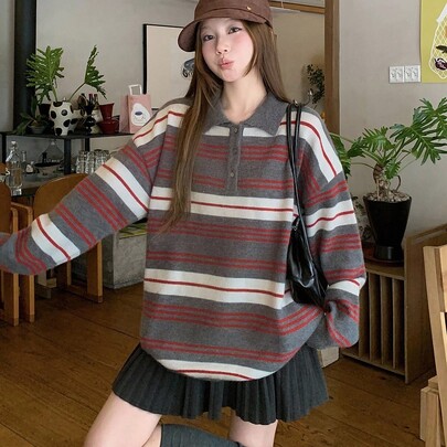 여성 캐주얼 스트라이프 한국 스타일 턴다운 칼라 긴소매 스웨터