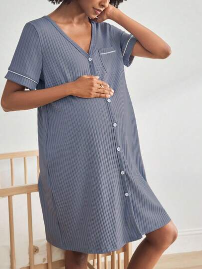 BloomMama Maternity Short Sleeve Ribbed Nursing Nightgown Button, Loungewear Sleepwear Pajama Dress Sleep Shirt
