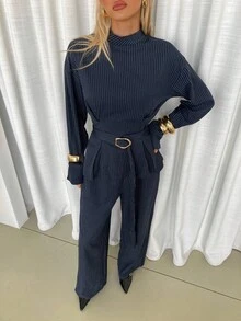 Siren Gaze 女式条纹领口收腰通勤西装，秋冬 - 藏蓝色 - 查看 4