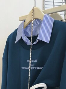 INAWLY 女式休闲宽松条纹衬衫领口号印花长袖运动衫，秋季 - 水鴨藍 - 查看 4