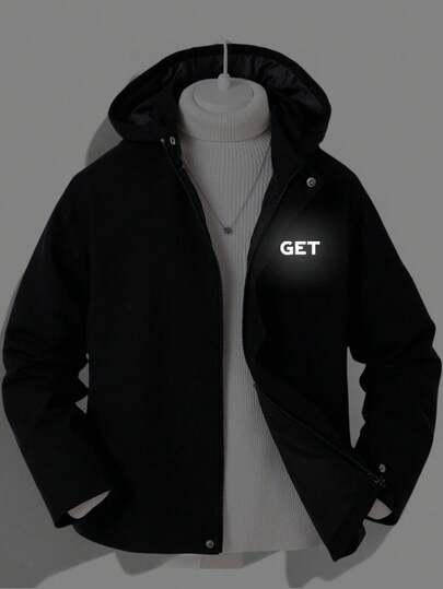 SHEIN Teenager Boys' Casual Letter Slogan Print Hooded Zip-Up Jacket Outerwear, Minimalist All-Match Versatile, Suitable For Commuting, School, Daily Casual, Travel, Outdoor Party, Sports, Fall Autumn And Winter Clothes Black Jacket Boys Boys Zip Up Jacket Teen Boy Jacket With Hood Black Hooded Sporty Jogging  Jacket Basic Wear