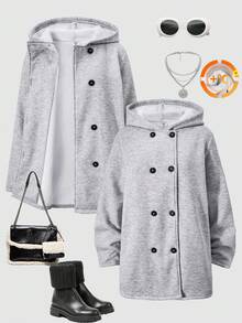 Streecool Teen Girls Jacket, Knitted Composite Thermal Lined Mid-Length Hooded Solid Color Jacket, Double-Breasted Design, Loose Fit, Side Pockets, Suitable For Casual, Commute, Vacation In Autumn/Winter - Grey - View 8