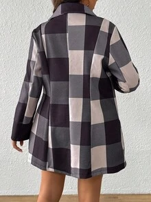 EMERY ROSE Plus Size Women Elegant Plaid Long Sleeve Jacket, Suitable For Commuting - Navy Blue - View 2