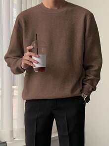 DAZY 男士纯棕色圆领毛衣，秋季 - 鏽棕色 - 查看 2