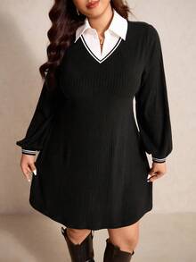 Elaquor 大码女式撞色条纹衬衫领长袖休闲连衣裙 - 黑色 - 查看 5