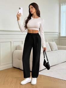 SHEIN Tall 女士休闲黑色高腰直筒裤 - 黑色 - 查看 6