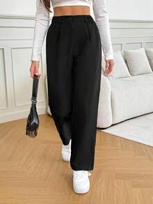 SHEIN Tall 女士休闲黑色高腰直筒裤 - 黑色 - 查看 7