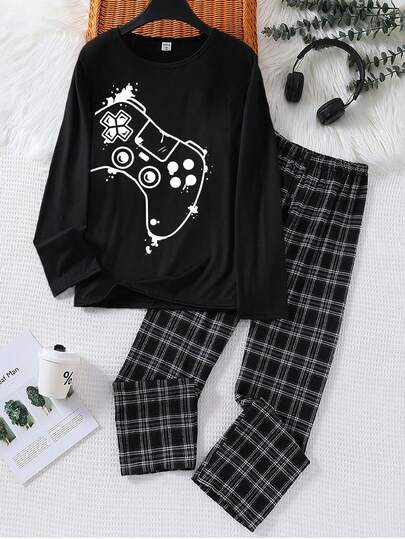 2pcs/Set Tween Boys Round Neck Long Sleeve T-Shirt With Cool Game Console Graphic And Loose Plaid Pants, Comfortable Knit Fabric Casual Pajamas