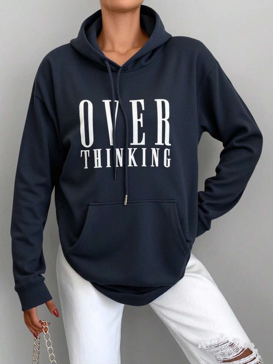 EURMUSE Cotton Letter Graphic Pocket Drop Shoulder Drawstring Hoodie - Black - View 1