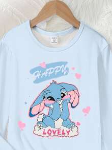 2 件女童可爱蓝色图案印花甜心蓝色圆领长袖上衣和裤子针织面料舒适柔软高弹紧身家居服套装 - 藍色 - 查看 3