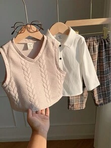SHEIN 男宝宝秋冬可爱百搭针织背心、格子裤、白衬衫三件套，适合生日派对、锐舞派对、晚宴、演出、婚礼、迎婴派对、一周岁生日庆祝等场合。 - 彩色 - 查看 4