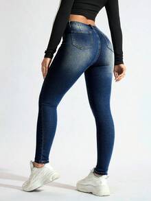 SHEIN ICON 女式高腰口袋紧身休闲百搭牛仔裤 - 深色水洗藍 - 查看 2