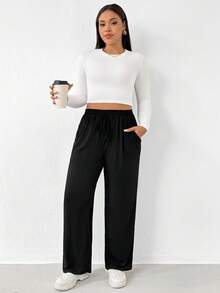 Shapeblank Plus Size Women's Apple-Shaped Body Black Lightweight & Breathable Ice Silk Knit Jogger Pants, Black Pants, Skin-Friendly Smooth Fabric, Solid Color Casual Loose Fit With Pockets & Drawstring Waist, Airport Outfit, Winter Pants For Women, Casual Outfits For Women