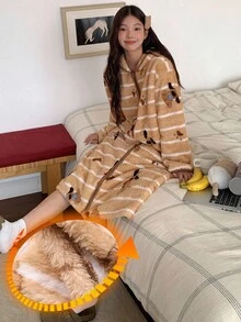 DAZY Women's Thick Fleece Hooded Robe With Puppy Striped Pattern, Winter Fluffy - Coffee Brown - View 3