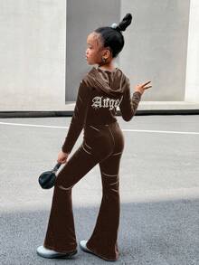 SHEIN Tween Girl Autumn And Winter Casual Fashion All-Match Knitted Velvet Hooded Zipper Back Rhinestone Slim Flared Jumpsuit Trousers, Weekend, Casual Outing, Holiday Party, Christmas - Brown - View 3