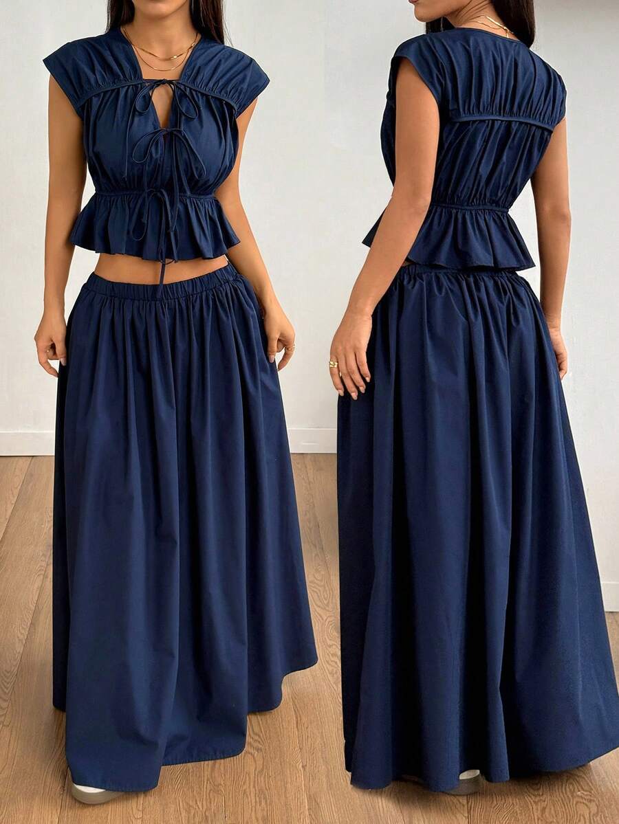 SHEIN PETITE Women's Solid Color Tie Front Ruffle Hem Top And Skirt 2 Pieces Set ,Petite Women - Navy Blue - View 1