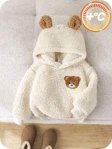 SHEIN 男婴保暖连帽卫衣，加厚保暖，适合秋冬季节穿着，可爱小熊图案，温暖舒适，室内外皆宜，日常穿着、运动、玩耍、派对、节日、万圣节、圣诞节、新年等场合均可穿着，驯鹿图案，圣诞礼物，保暖婴儿服装，婴儿卫衣，婴儿卡通服装，婴儿小熊外套 - 杏色 - 查看 4