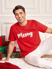 Manfinity RelaxMax Men's Christmas Letter Embroidery Short Sleeve T-Shirt - Red - View 7