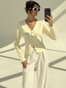 Aloruh Elegant V-Neck Solid Color Minimalist Cardigan Sweater, Modern Metal Button Long Sleeve Top, Autumn/Winter - Apricot - View 6