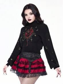 ROMWE Goth Suéter de cuello alto con bordado de corazón gótico y luna estrellada
