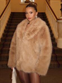 Glamine 女士时尚仿毛领夹克，秋冬 - 駝色 - 查看 5