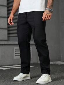 Manfinity Homme Men Cotton Solid Color Seam Front Elastic Waist Casual Pants, Men Slim Fitted Elastic Trousers, Fall - Black - View 5