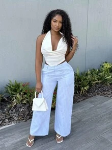 Alexandranx Tailored Mid Rise Pinstripe Wide Leg Trousers Business Casual Spring Easter Old Money Back To School Streetwear Fall Autumn Nashville Cute Girly - Baby Blue - View 4