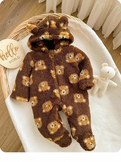 SHEIN Newborn Baby Cute Casual Fuzzy Cartoon Bear Hooded Romper, Autumn/Winter Baby Teddy Bear Outfit Brown Baby Clothes Baby Romper Bear Warm Jumpsuit For Baby Boy Baby Bear Jacket