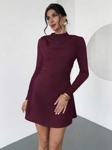 Firerie Vestido curto feminino elegante, minimalista, delicado, romântico, doce, para o dia a dia, festa de casamento, festival de música, feriado, plissado, linha A, manga comprida vermelha