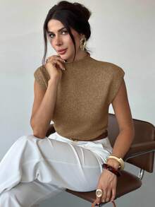 Firerie Elegant High Neck Loose Casual Versatile Sleeveless Knit Sweater Vest Going Out Tops Women,Tops For School In Fall/Winter - Camel - View 3