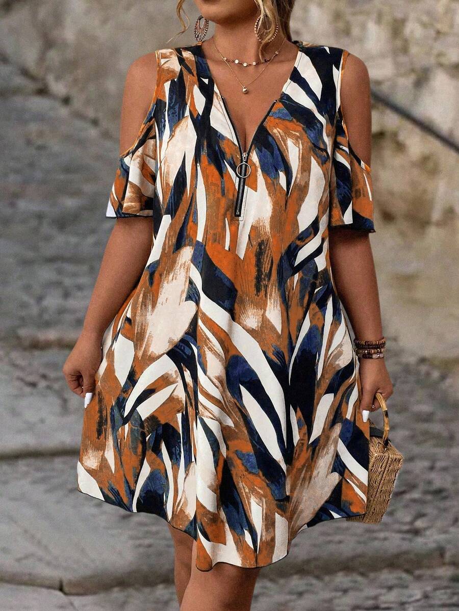 EMERY ROSE Women's Plus Size Cold Shoulder Loose Printed Dress For Summer - Yellow - View 1