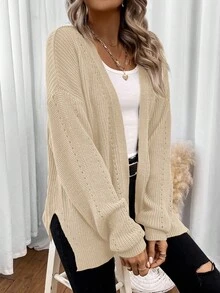 Easowa 女士休闲纯色落肩宽松开衫，秋冬 - 杏色 - 查看 7