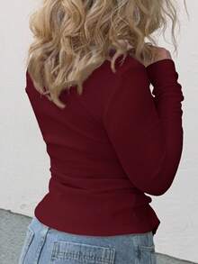 Jeta Ari Ribbed Button Through Long Sleeve Crew Neck Top Casual Vacation Airport Holiday - Burgundy - View 9