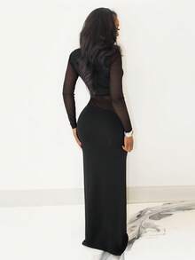 BamGleam 女士优雅透视拼接长裙，简约纯色，修身廓形，春秋季 - 黑色 - 查看 2