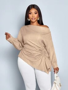 SOLERSUN Áo cánh thời trang mùa thu đông màu trơn tay dài không đối xứng, cổ bẻ, dây rút bên hông, viền bất đối xứng, vải dệt màu xanh lam, dùng để mua sắm và hẹn hò cho nữ cỡ lớn - Màu Khaki - Xem 6