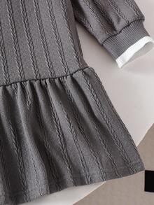 Genkimix Kids 少女韩版针织条纹袖口刺绣小马标志连衣裙 - 灰色 - 查看 7