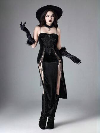 Women's Sexy Vintage Gothic Punk Style Lace Patchwork Lace-Up High Slit Velvet Bodycon Slip Dress