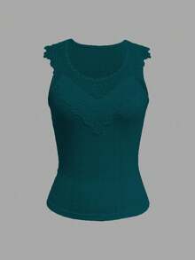 Chiquease Fashionable Versatile Casual Solid Color Embroidered Tank Top - Dark Green - View 4