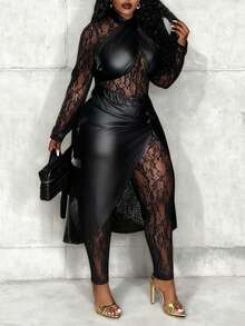 Slaydiva Lễ hội âm nhạc mùa xuân, hè, thu, đông, Lễ Phục sinh, phong cách miền Tây, tiệc sinh nhật kiểu du mục, thường ngày, kỳ nghỉ, du lịch biển, bãi biển, tắm nắng, gây sốt trên mạng, bộ jumpsuit ren xuyên thấu xẻ cao màu đen gợi cảm, chân váy và áo PU xoắn ngoài, bộ 2 món cỡ lớn, váy Halloween cỡ lớn màu đen xuyên thấu, váy giả da Ghostface, váy xuyên thấu cỡ lớn bằng da. - màu đen - Xem 1