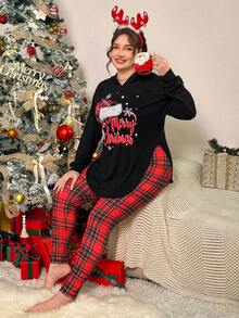 SHEIN Essnce Conjunto de duas peças plus size feminino, moda outono e inverno, casual, solto e confortável, com capuz e leggings xadrez vermelha, estampa natalina, roupas de outono, roupas femininas de Natal